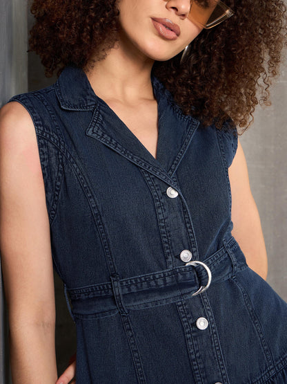 Women Blue Washed Denim Notch Collar Belted Maxi Dress