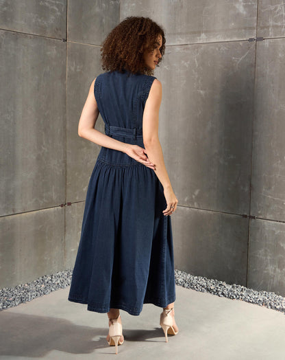 Women Blue Washed Denim Notch Collar Belted Maxi Dress