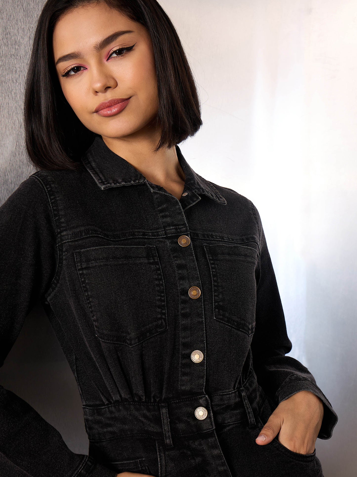 Women Black Washed Denim Front Slit Midi Dress