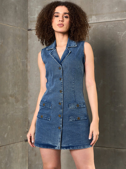 Women Blue Washed Denim Notch Collar Short Dress