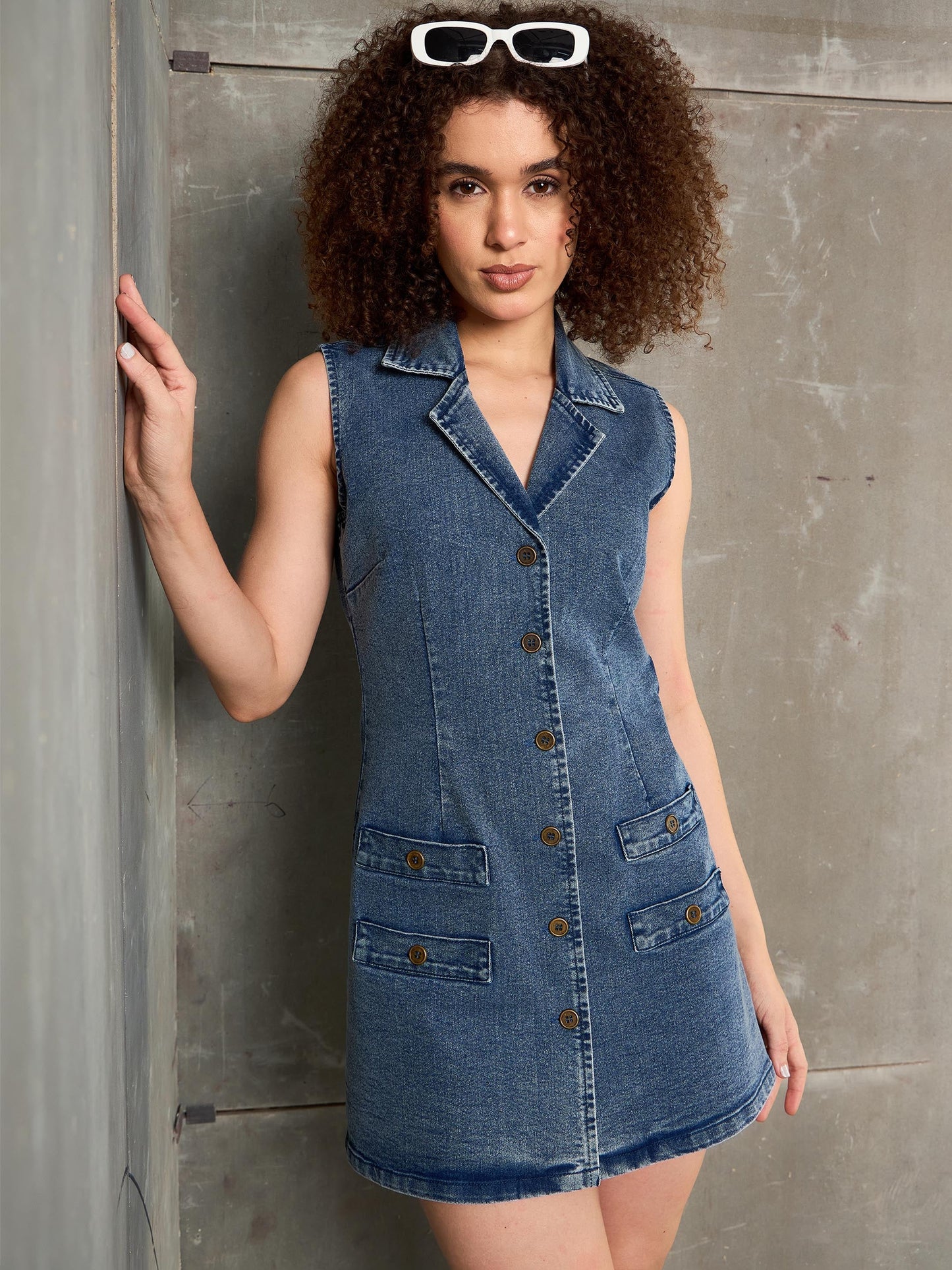 Women Blue Washed Denim Notch Collar Short Dress