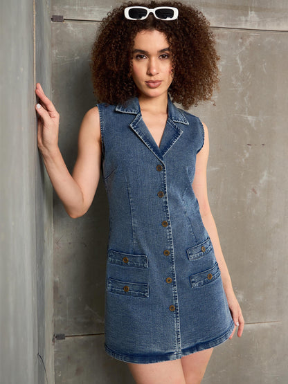 Women Blue Washed Denim Notch Collar Short Dress