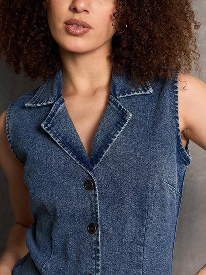 Women Blue Washed Denim Notch Collar Short Dress