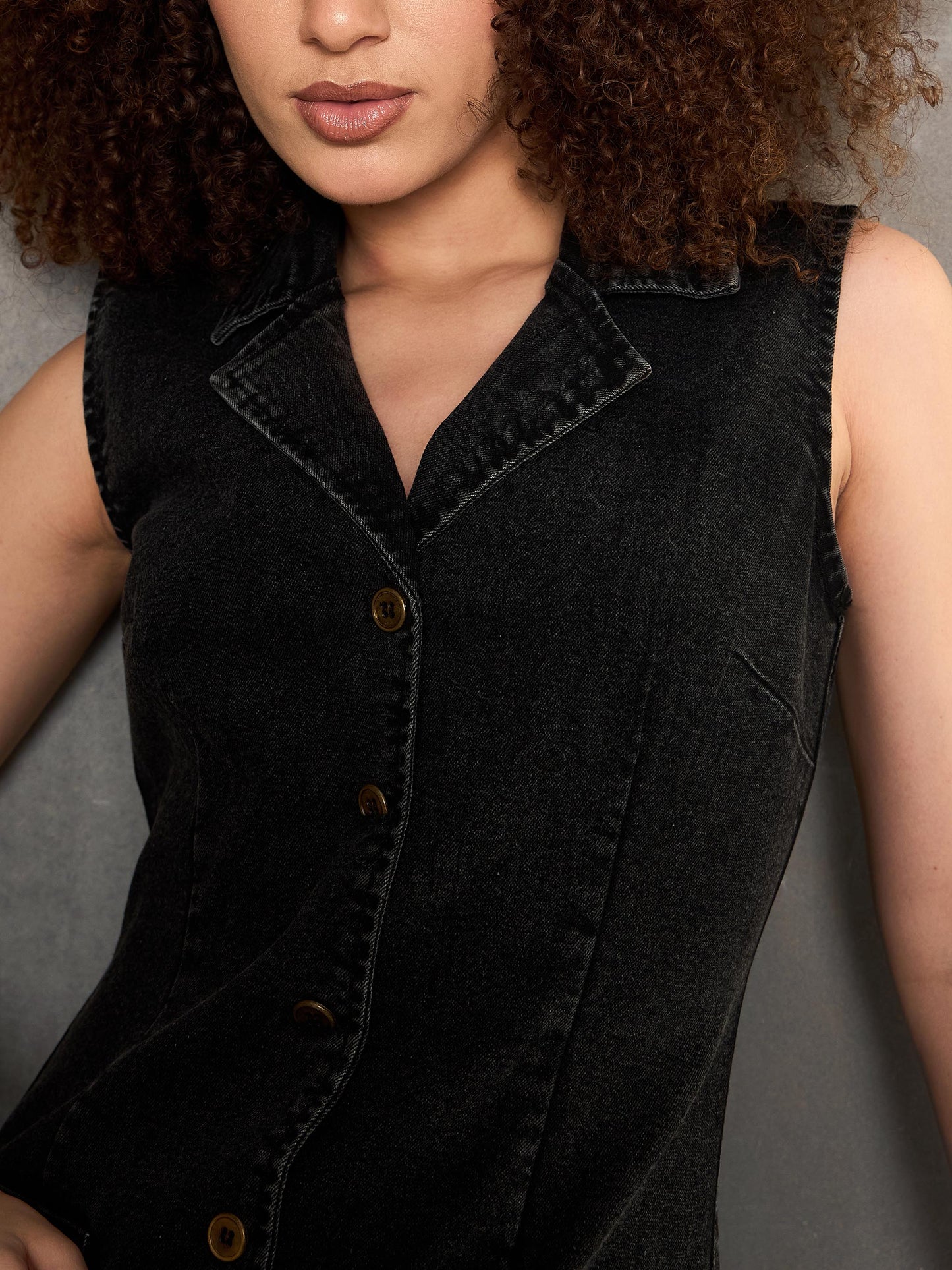 Women Black Washed Denim Notch Collar Short Dress