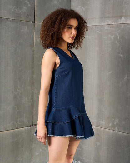 Navy Denim Asymmetric Fringe Hem Short Dress