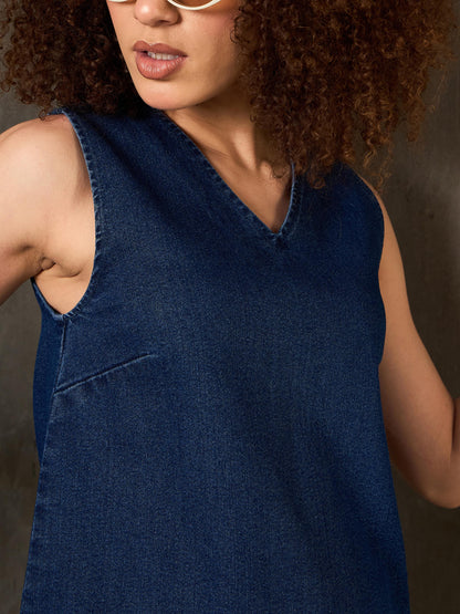 Navy Denim Asymmetric Fringe Hem Short Dress