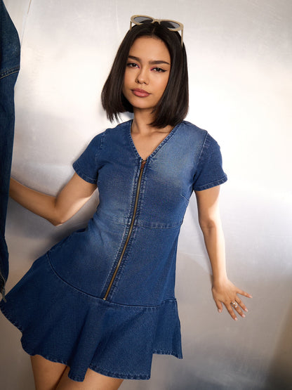 Blue Denim Flared Hem Short Dress