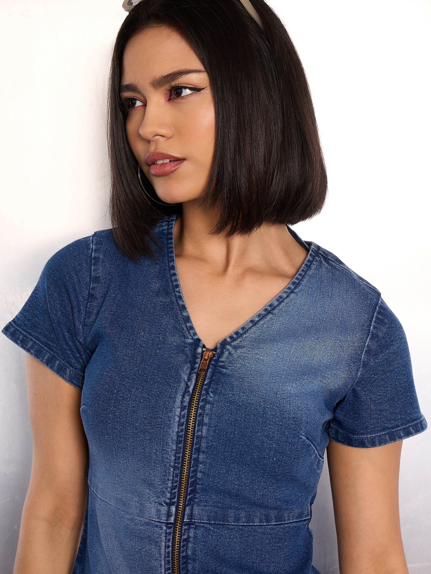Blue Denim Flared Hem Short Dress