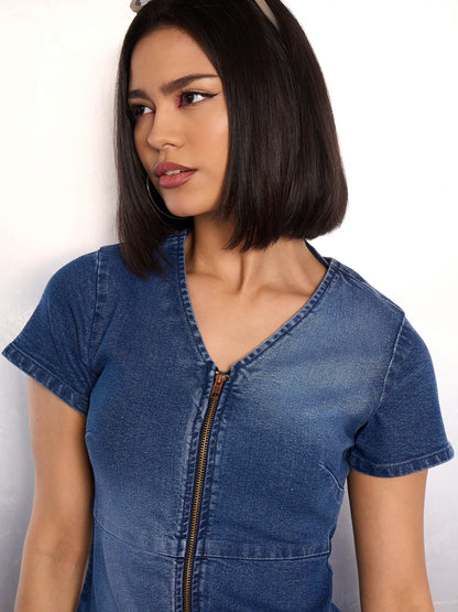 Blue Denim Flared Hem Short Dress