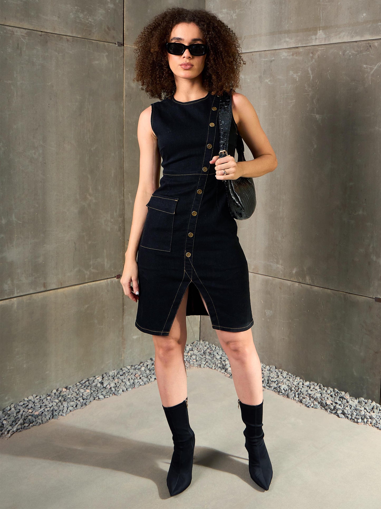 Jet Black Denim Front Slit Dress