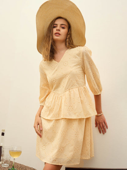 Ecru Schiffli V-Neck Frill Detail Short Dress