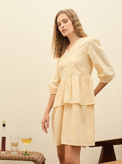 Ecru Schiffli V-Neck Frill Detail Short Dress