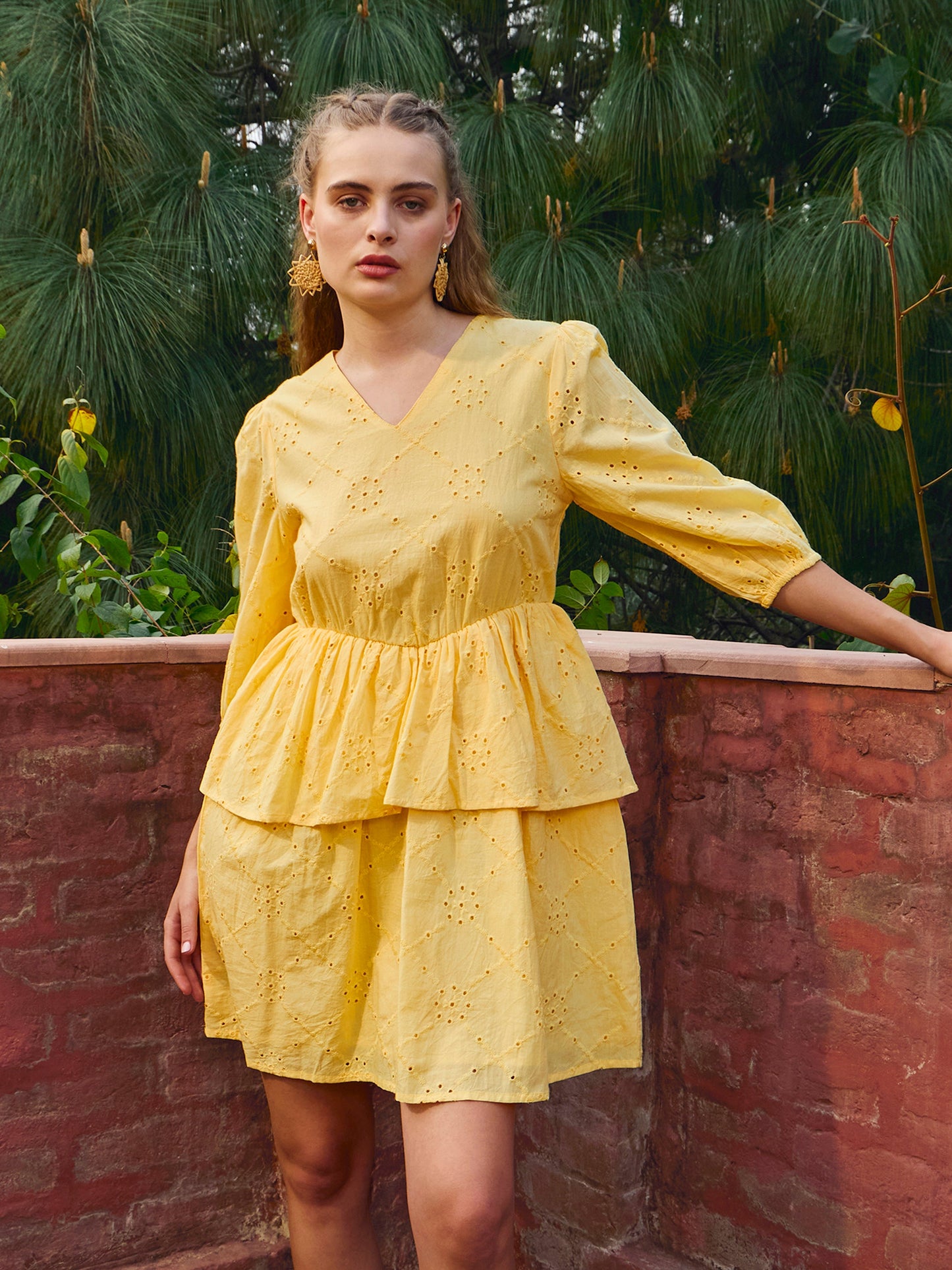 Women Yellow Schiffli V-Neck Frill Detail Short Dress