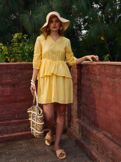 Women Yellow Schiffli V-Neck Frill Detail Short Dress