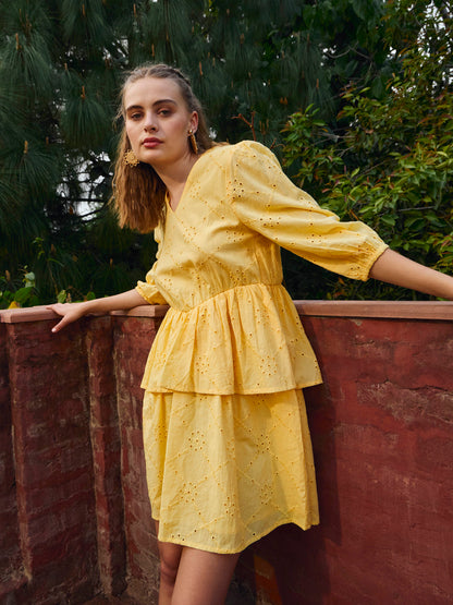 Women Yellow Schiffli V-Neck Frill Detail Short Dress