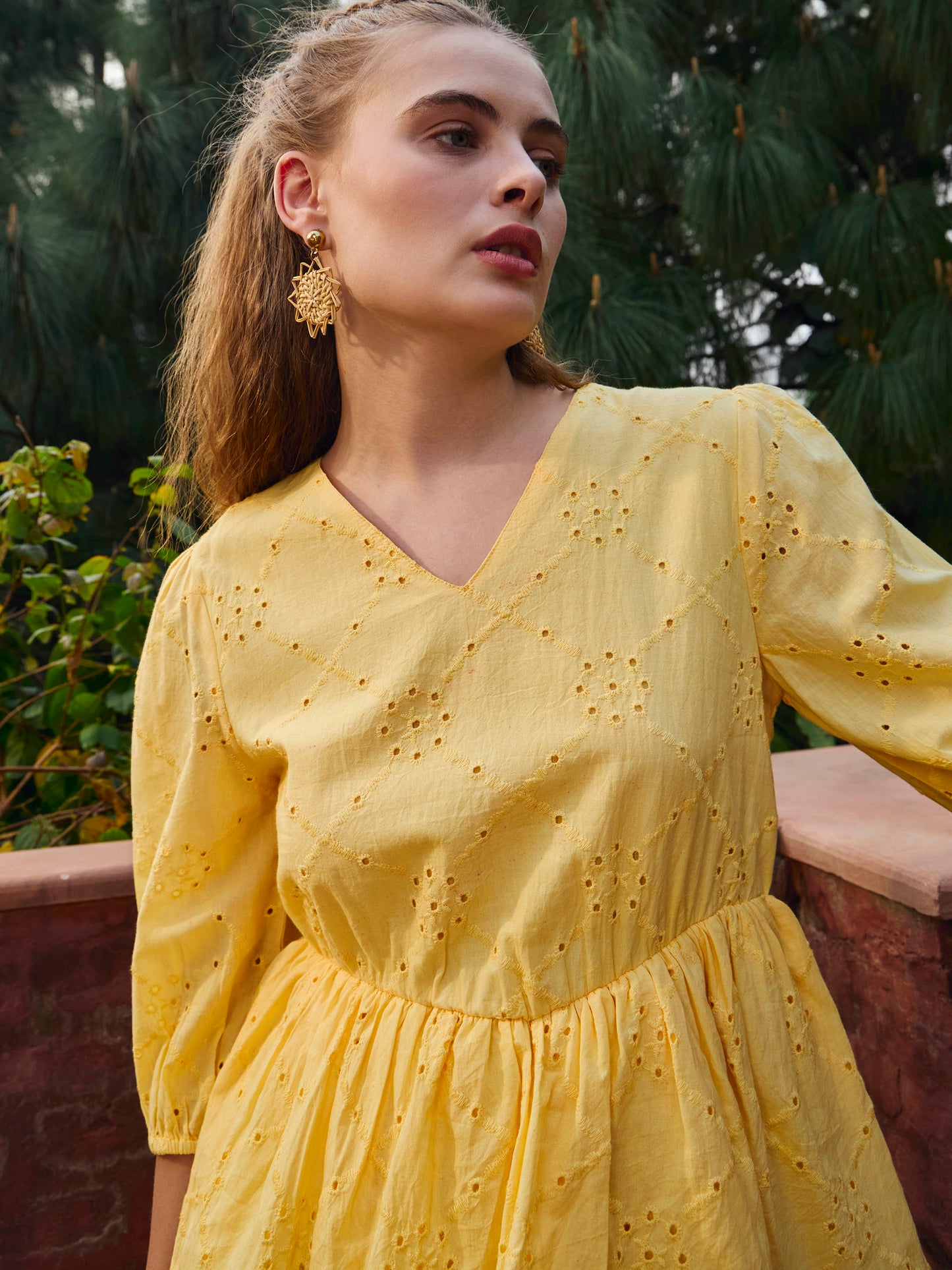 Women Yellow Schiffli V-Neck Frill Detail Short Dress