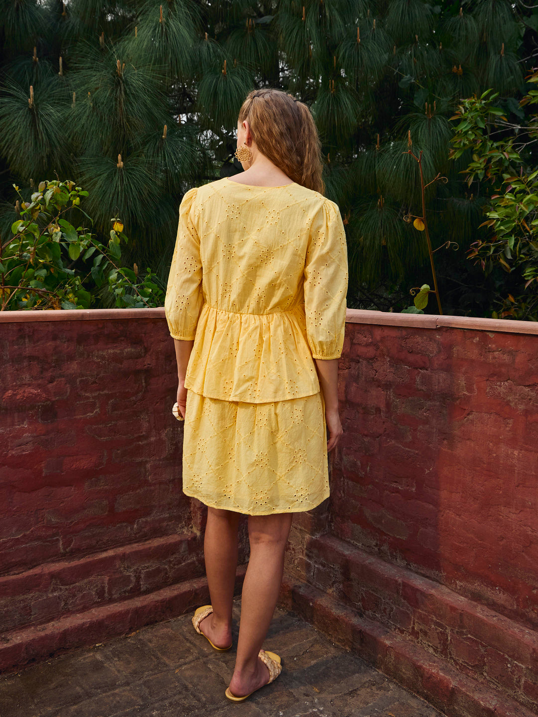 Women Yellow Schiffli V-Neck Frill Detail Short Dress