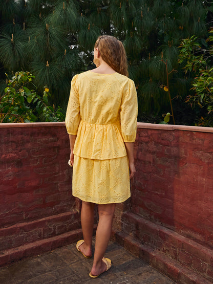 Women Yellow Schiffli V-Neck Frill Detail Short Dress