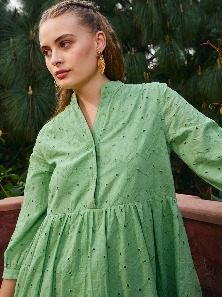 Women Green Schiffli Mandarin Collar Short Dress