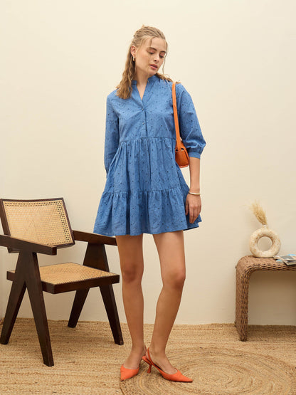 Women Blue Schiffli Mandarin Collar Short Dress