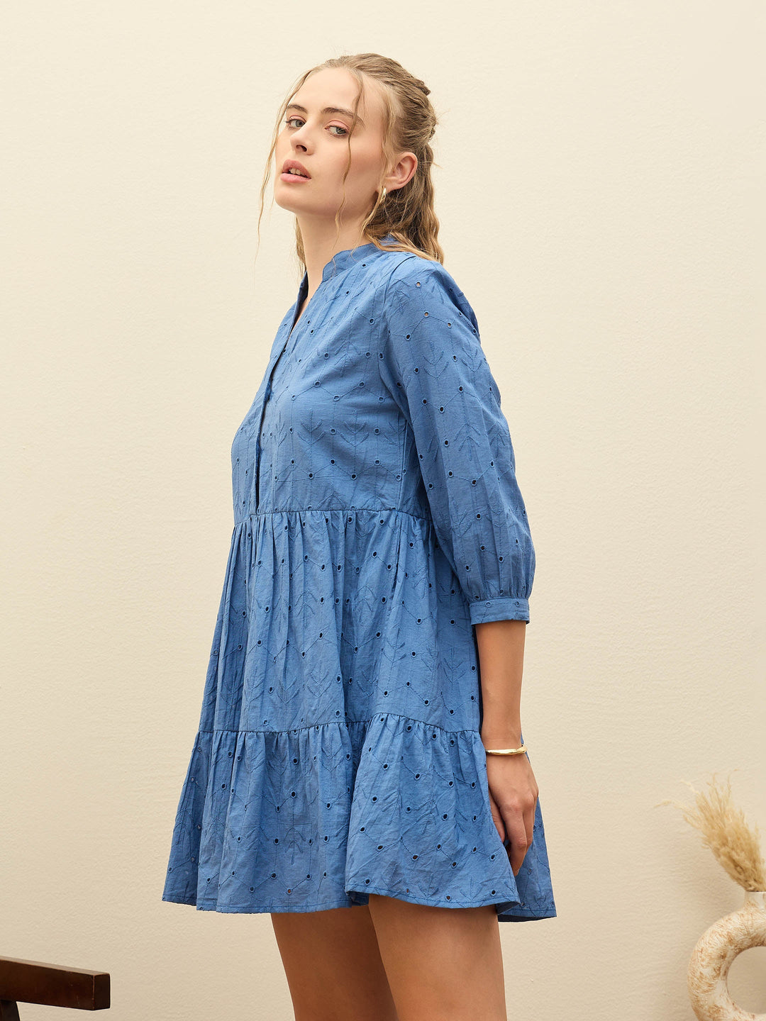Women Blue Schiffli Mandarin Collar Short Dress