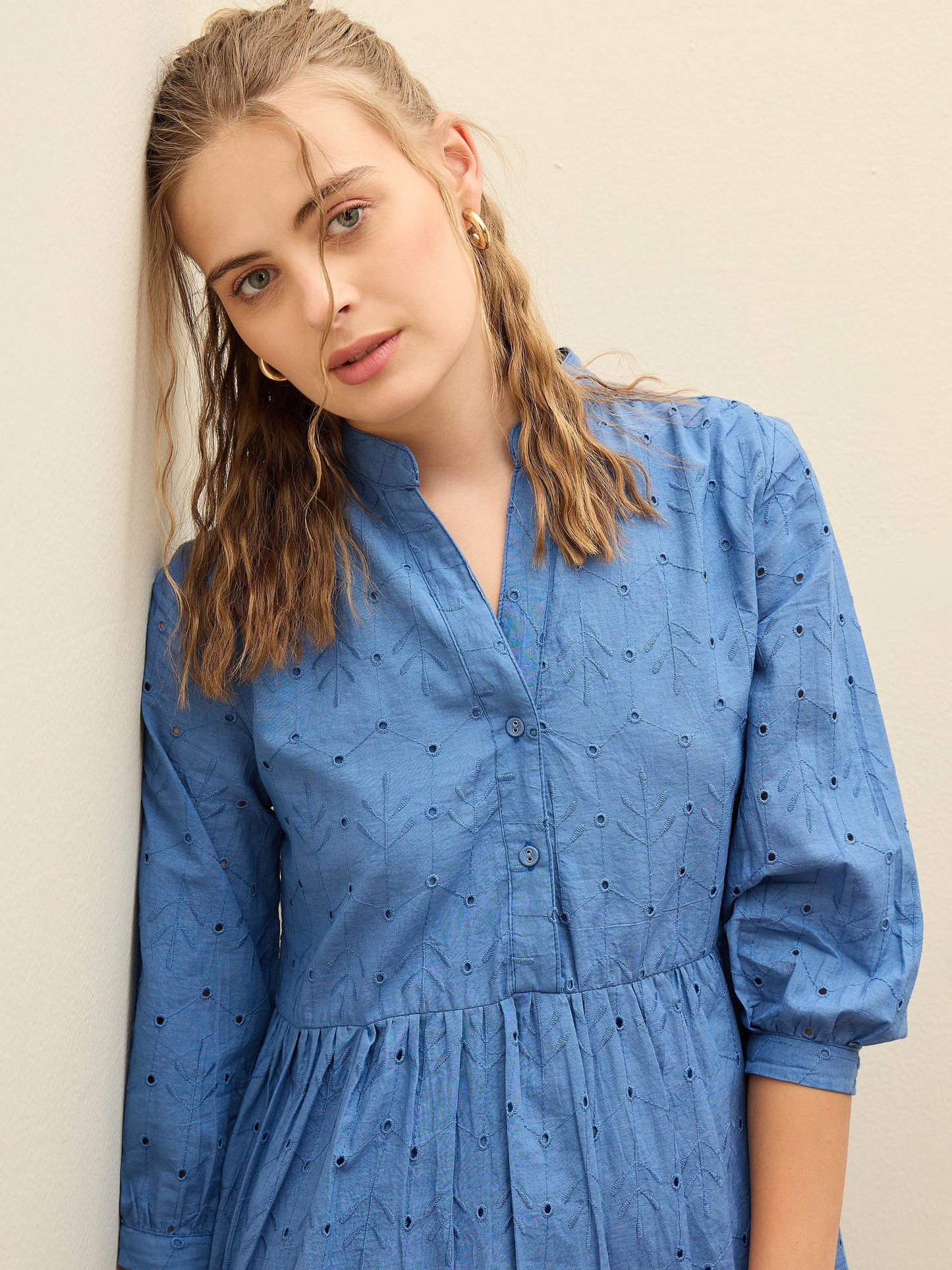 Women Blue Schiffli Mandarin Collar Short Dress