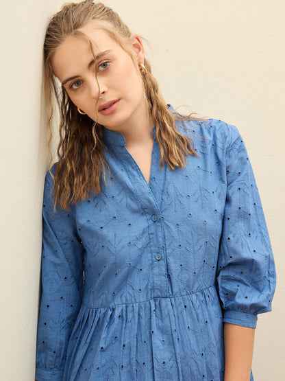 Women Blue Schiffli Mandarin Collar Short Dress