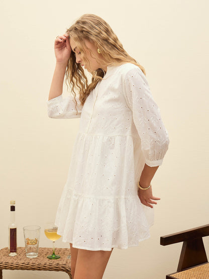 Women White Schiffli Mandarin Collar Short Dress