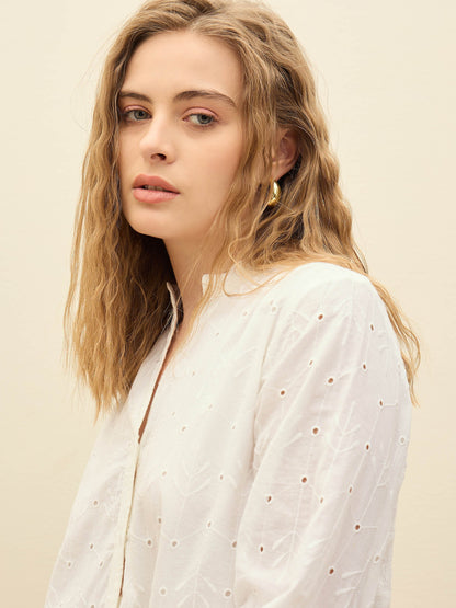 Women White Schiffli Mandarin Collar Short Dress