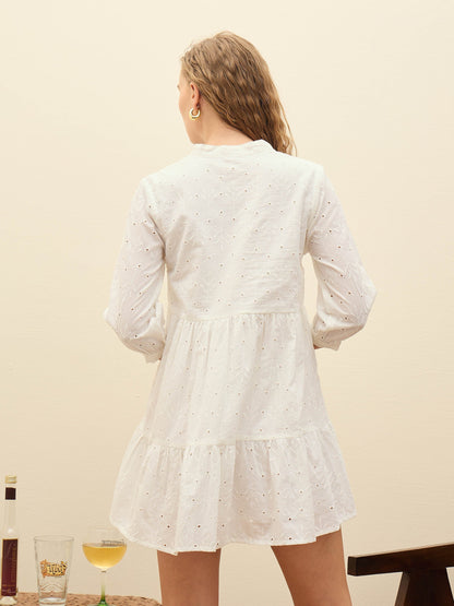Women White Schiffli Mandarin Collar Short Dress