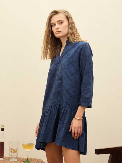 Women Navy Schiffli Frill Neck Short Dress