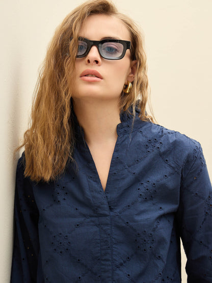 Women Navy Schiffli Frill Neck Short Dress