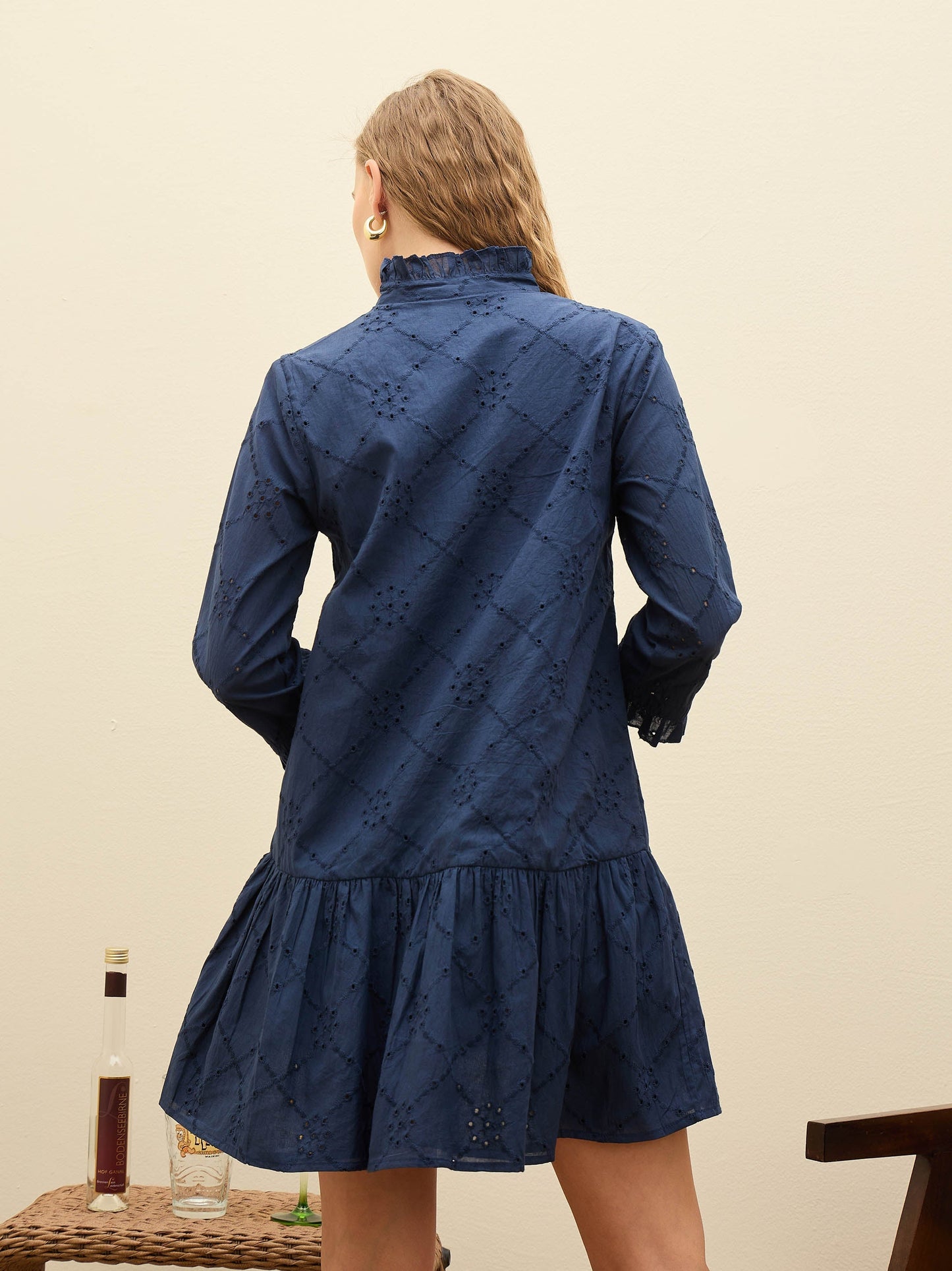 Women Navy Schiffli Frill Neck Short Dress