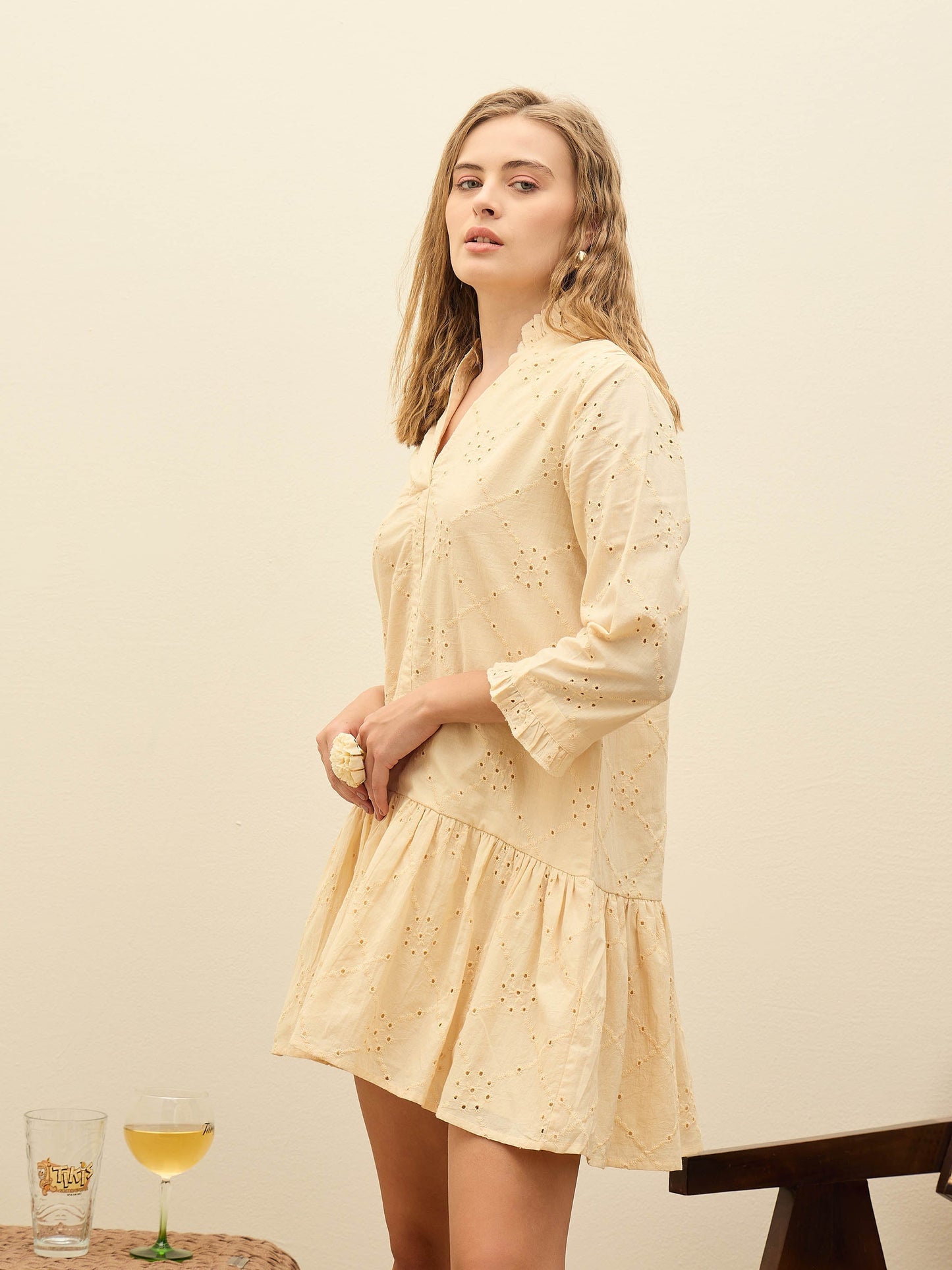 Women Ecru Schiffli frill Neck Short Dress