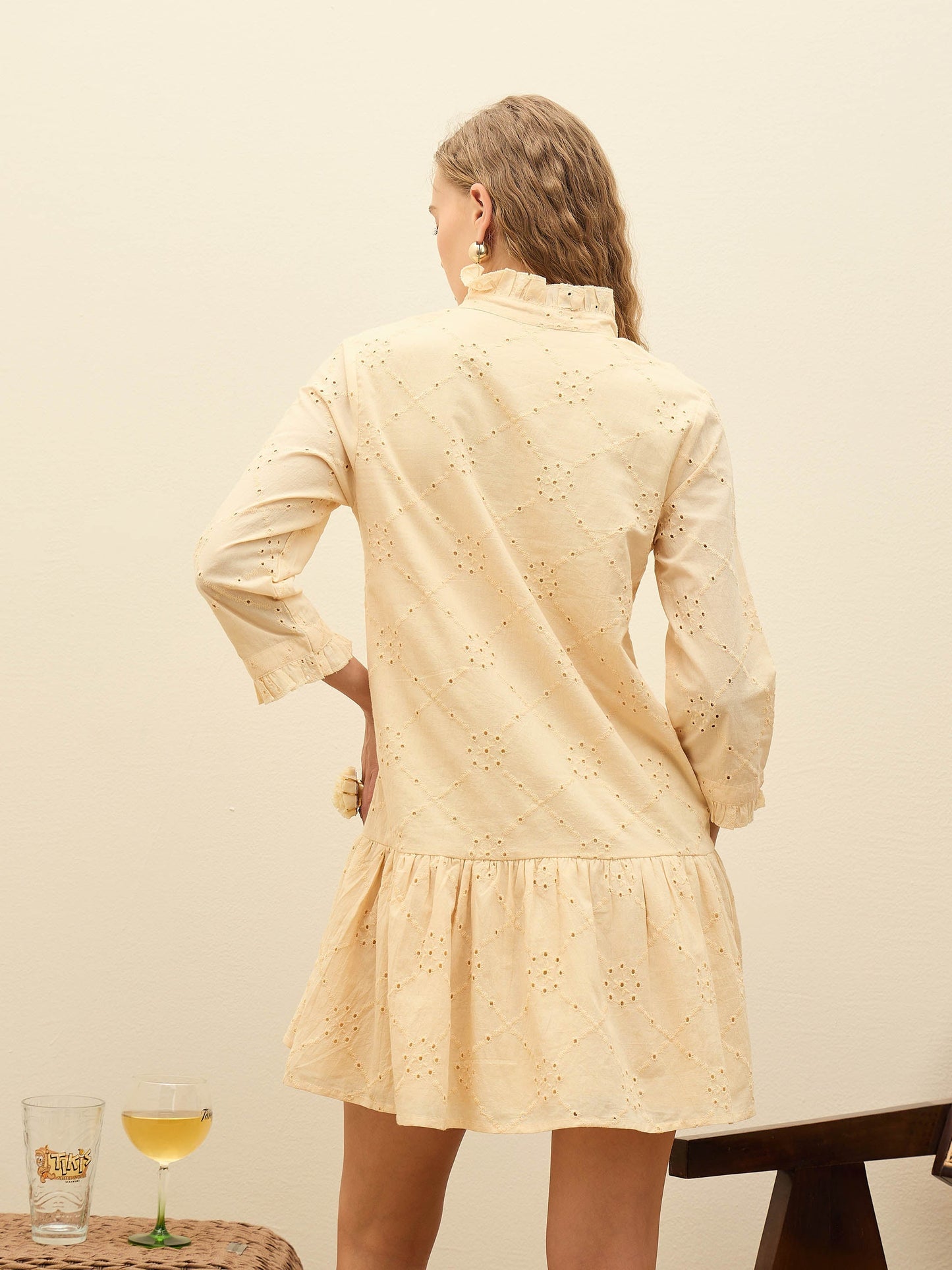 Women Ecru Schiffli frill Neck Short Dress