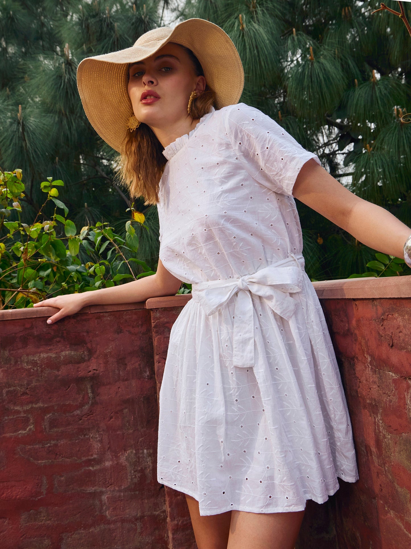 Women White Schiffli Round Neck Belted Short Dress