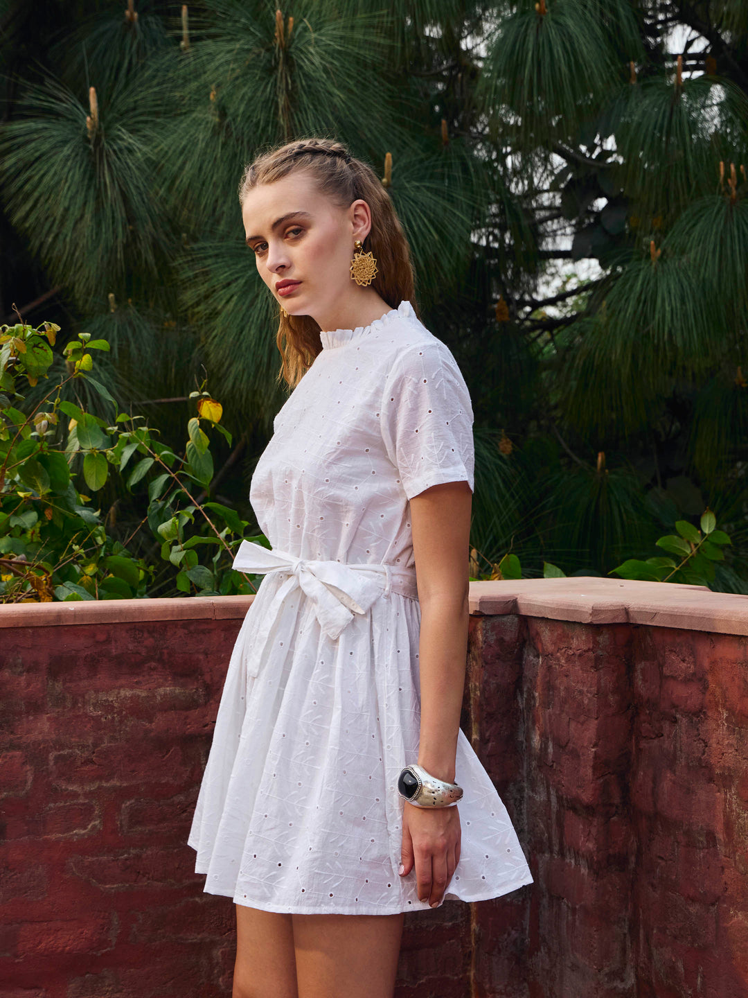 Women White Schiffli Round Neck Belted Short Dress