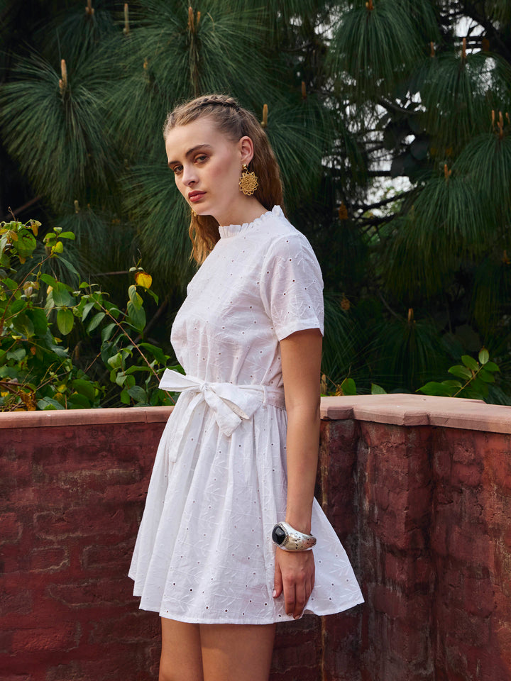 Women White Schiffli Round Neck Belted Short Dress