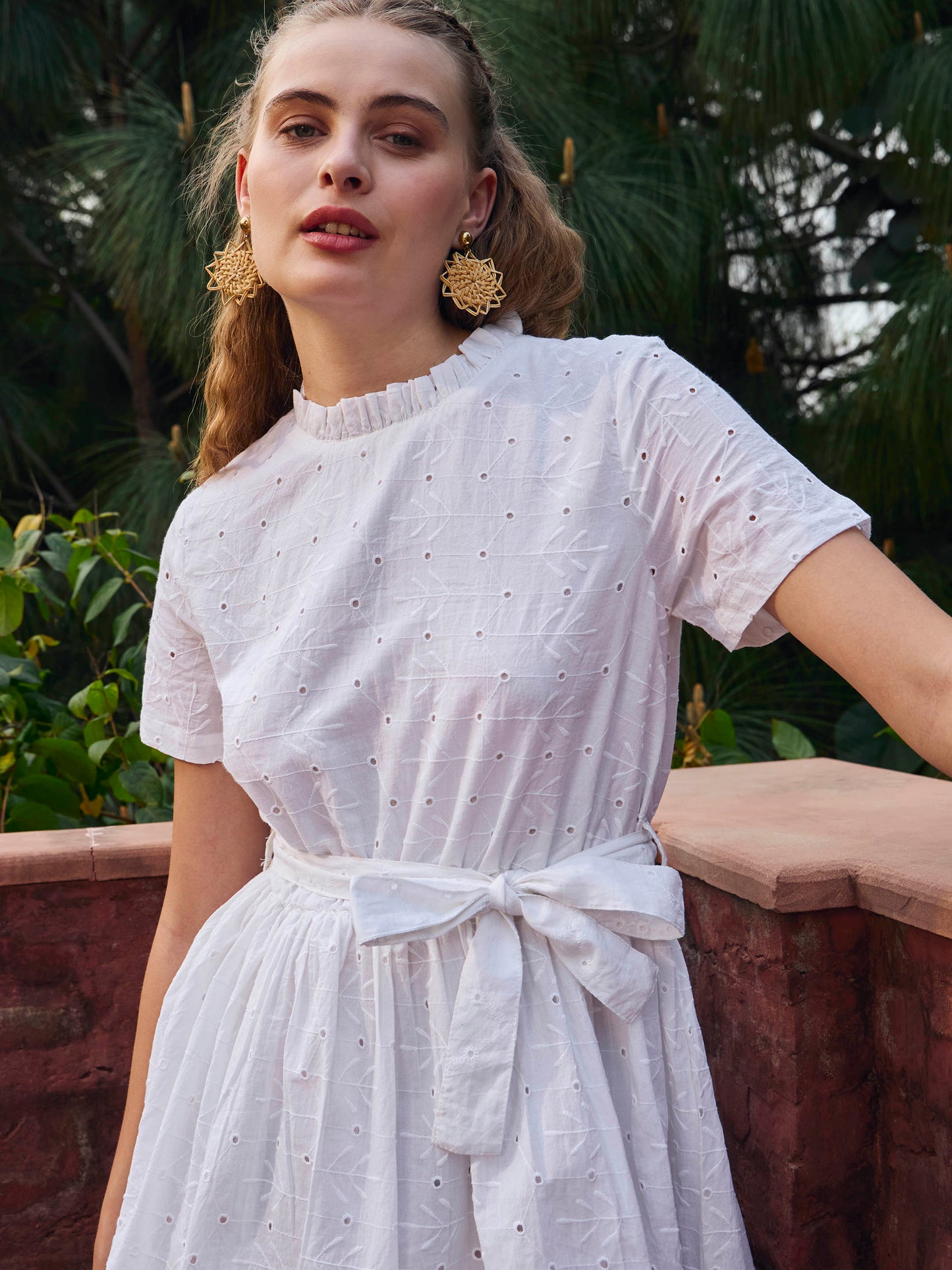 Women White Schiffli Round Neck Belted Short Dress