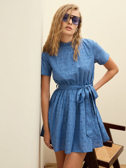 Blue Schiffli Round Neck Belted Short Dress