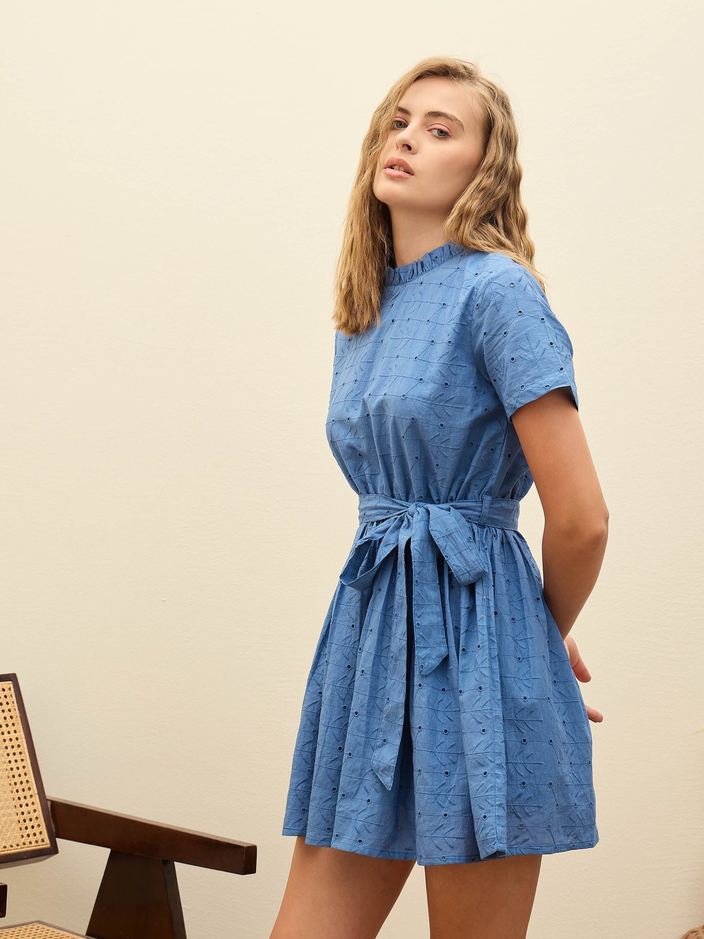 Blue Schiffli Round Neck Belted Short Dress
