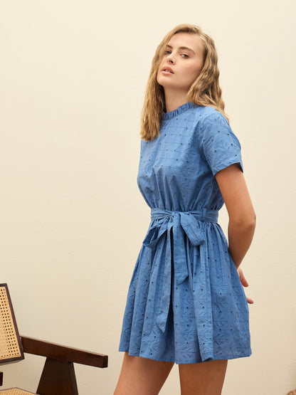 Blue Schiffli Round Neck Belted Short Dress