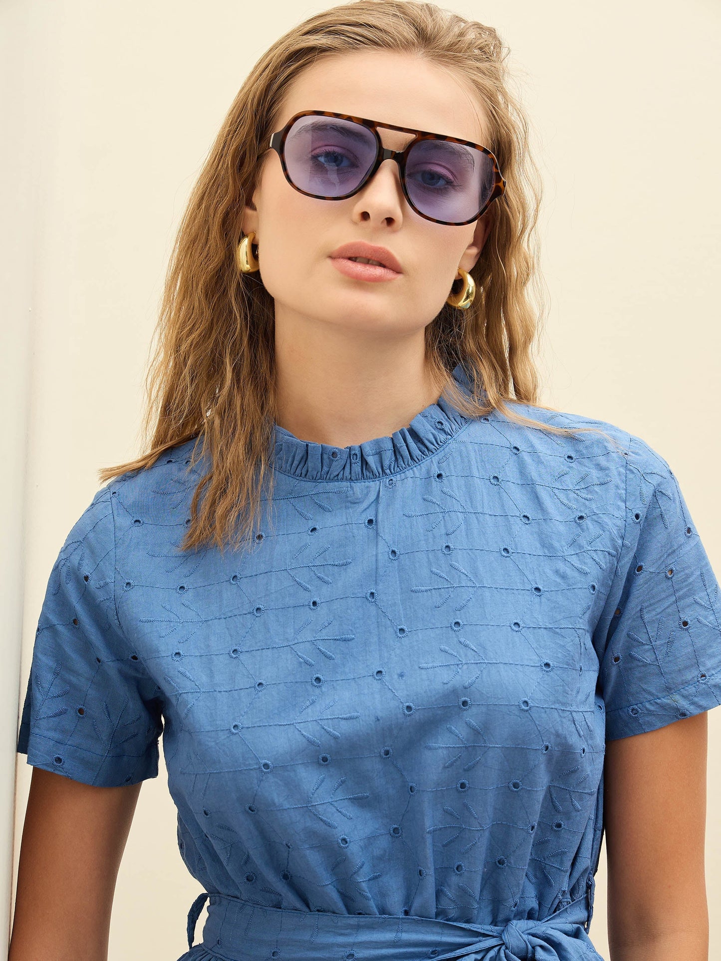 Blue Schiffli Round Neck Belted Short Dress