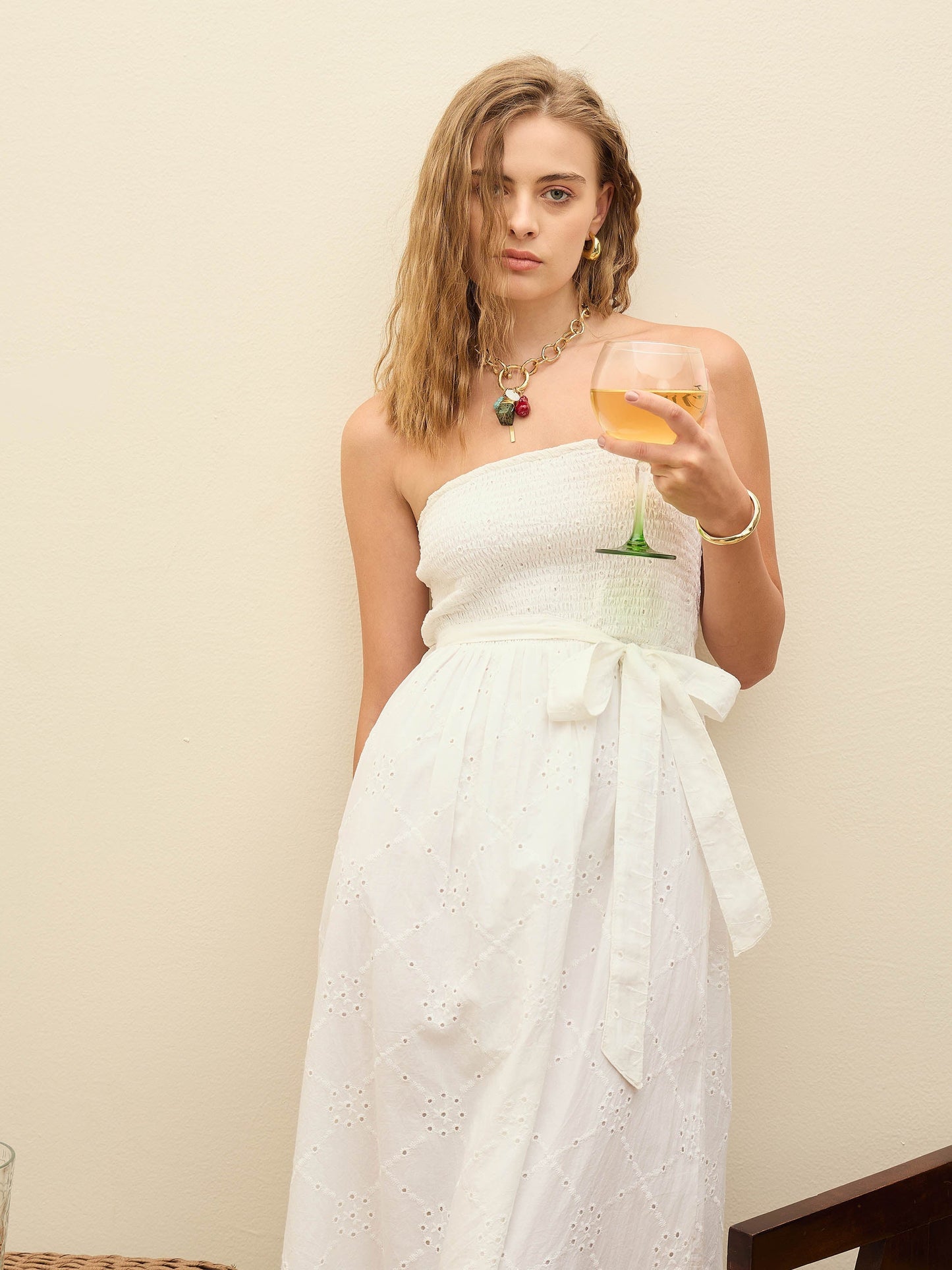 Women White Schiffli Smocking Detail Midi Dress