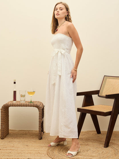 Women White Schiffli Smocking Detail Midi Dress