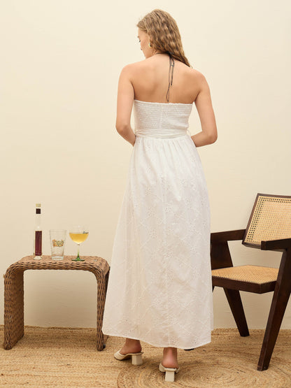 Women White Schiffli Smocking Detail Midi Dress