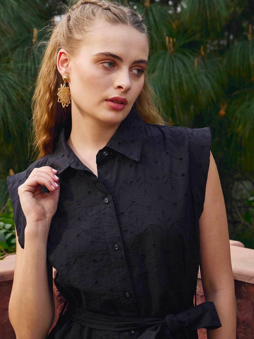 Women Black Schiffli Button Down Midi Dress