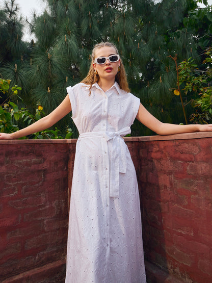 White Schiffli Button Down Midi Dress