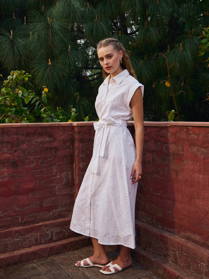 White Schiffli Button Down Midi Dress