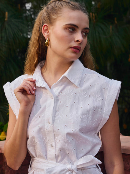 White Schiffli Button Down Midi Dress